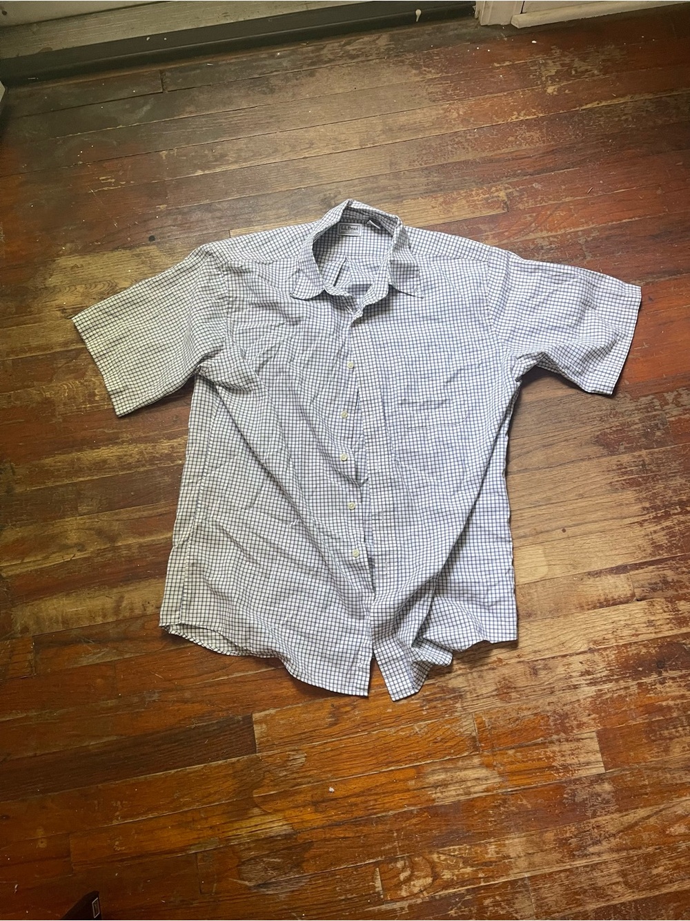 L.L. Bean Short-Sleeve Checked Button-Down Shirt - Blue & White